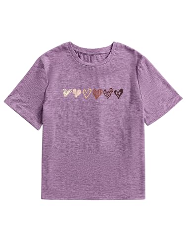 Image of OYOANGLE Girl's Heart Print Short Sleeve Round Neck T-Shirt Funny Graphic Tees Cute Top Purple 10Y