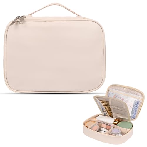Czemo Groß Kosmetiktasche für Damen Reise Kulturtasche aus Wasserdichtem Leder Tragbare Kulturbeutel oder Make Up Tasche mit Griff und Abnehmbarem Trenner (Beige)