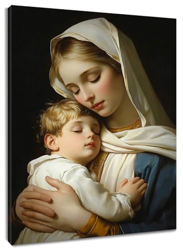 LB Virgin Mary Christian Wall Art for Bathroom Religious Christ Jesus Baby and Virgin Mary on Black Canvas Wall Art Inspirational Framed Wall Decor for Living Room Bedroom Ready to Hanging 8x10 Inch