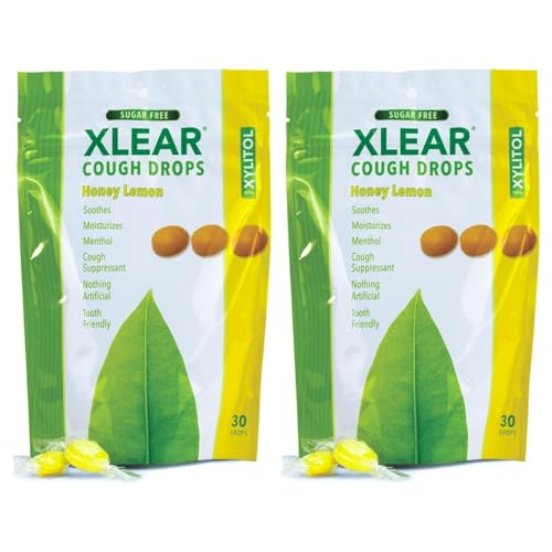 Xlear Xylitol Sugar-Free Cough Drops for Adults and Kids Sugarless Dry Mouth Lozenges for Sore Throat Relief Non-GMO Gluten-Free Natural Honey Lemon 30 Count (Pack of 2)