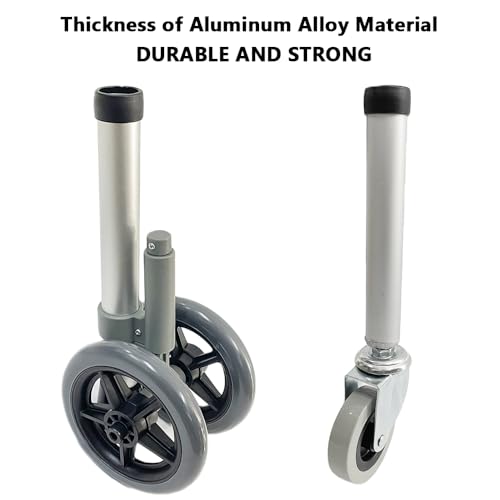 FMJI Walker Wheels Replacement Feet for Folding Medical Walker Parts Kit, Universal Front and Back Safety Wheel, 5 Inch Wheels with Brake