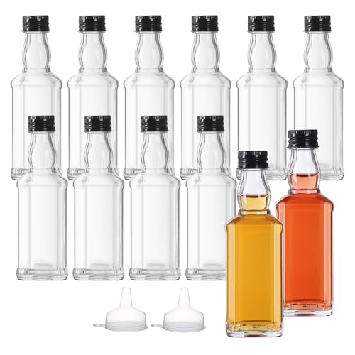 YBCPACK 100ml 12 Pack Mini Glass Alcohol Bottles, Reusable Small Glass Shot Bottles with Screw Caps,4 Funnels for Wine, Spirit, Empty Miniature Liquor Bottle for Wedding Favours, Party Favors