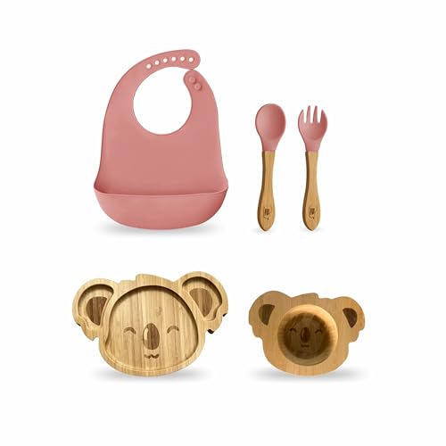 Image of Kids Station Koala Design 5-Piece Silicone Feeding Set for Babies | BPA-Free, Includes Suction Plate, Bowl, Spoon, Fork & Bib | Ideal for Infants & Toddlers (Set of 5 Koala Feeding Set, Pink)
