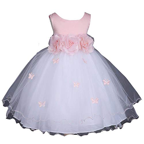 Pink Promise Flower Girl Wedding Easter Ruffled Tulle Butterfly Petals Dress, Pink, 12-18M