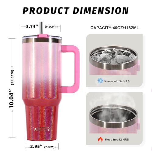 Image of 40 oz Shiny Tumbler with Handle and Straw,Stainless Steel Tumbler with Lid and Straw,Insulated Travel Mug(Cold for 34 Hours),Water Bottle for Iced Tea,Coffee (Red)