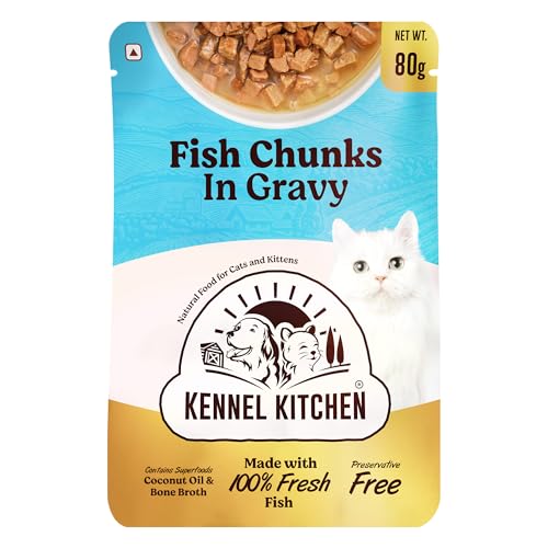 Kennel Kitchen Wet Cat Food for Adults and Kittens, Fish Chunks in Gravy, 12 Pouches (12 X 80 GMS)