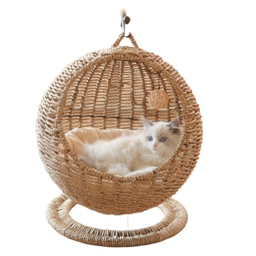 ネット有名人 半密閉型ペットハンモック キャットネスト 猫ケージ 丸型猫ハンモック 猫ベッドバスケット 籐 夏猫ハンモック おしゃれ 大型 (天然海藻)