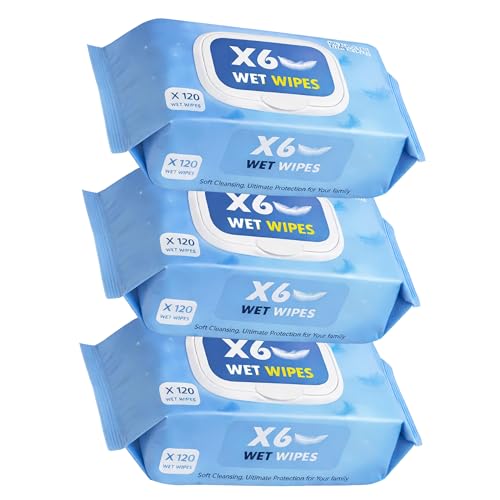 X6 Multi-Purpose Cleaning Wet Wipes Value Pack of 3 (360 Wipes) Gentle Household and Everyday Use Wipes Fragrance-Free with Aloe Vera and Chamomile