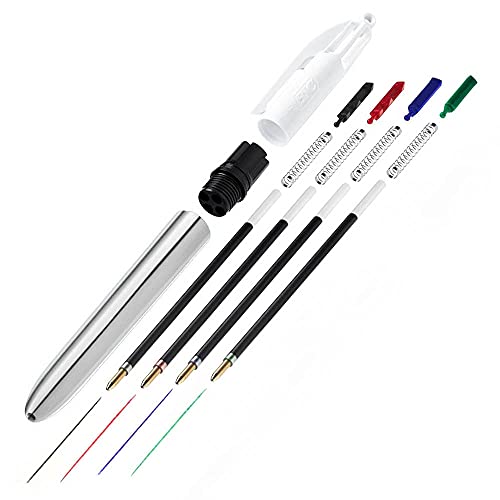 Caneta Esferográfica Retrátil BIC, 4 Cores Clássicas, Corpo Metallic Prata, Ponta Média de 1.0mm, 90