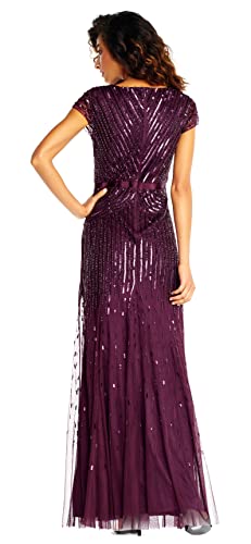 Adrianna Papell Women's Long Beaded V-Neck Dress with Cap Sleeves and Waistband2
