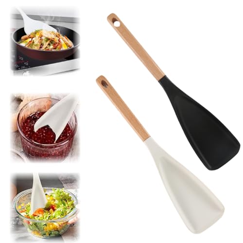 2 Stück Mehrzweck Spatel Löffel - Silikon Kochlöffel, Pfannenwender, mit langem Holzgriff, leicht zu spülen, zum Aufhängen, hitzebeständig,...