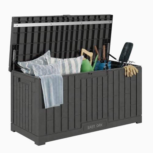 Image of EAST OAK Outdoor Storage Box, 80 Gallon Deck Box, Waterproof Resin Storage Bin for Patio Cushions, Gardening Tools, Lockable, UV Resistant, Ash Grey