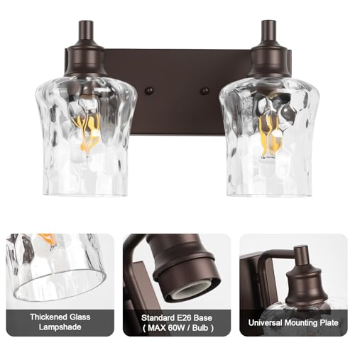 Image of Bathroom Light Fixtures Farmhouse Oil Rubbed Bronze Vanity Lights for Bathroom Lighting Fixtures Over Mirror with Hammered Glass Lampshade for Cabinet Mirror Bedroom Hallway 2 Light