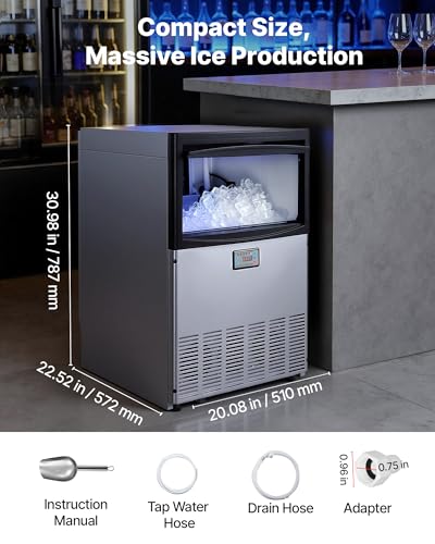 Image of VEVOR Commercial Ice Maker Machine, 200 lbs /24h with 25-50 lbs Storage Capacity, Built-in /Freestanding /Under Counter, Stainless Steel Ice Maker with LED Display & Self-Cleaning, Home Bar Restaurant
