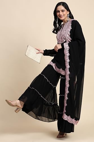 Image of TRENDMALLS Women's Georgette Embroidery Sequence Work Kurta Sharara Set with Dupatta Salwar Suit Set For Women