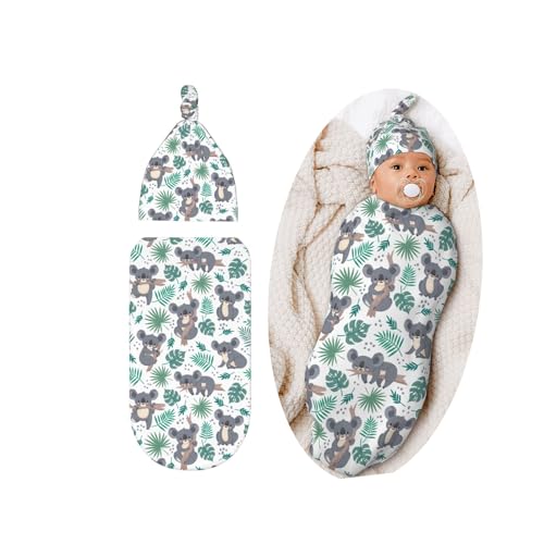 Image of Lcokin Cute Koala Baby Stuff Swaddle Blanket Hat Set for Boys Girls, Soft Newborn Sleeping Sack Receiving Blanket Shower Gift