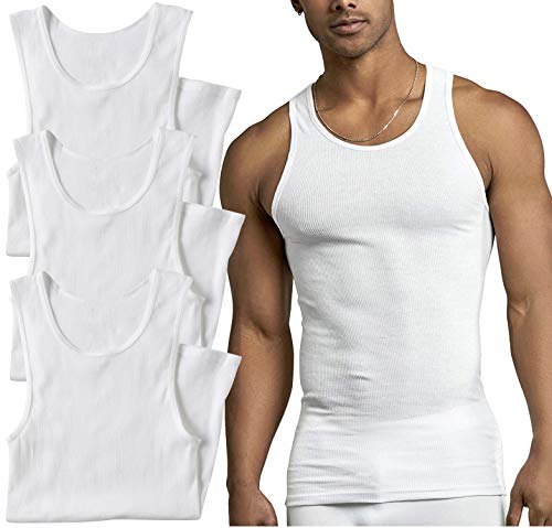 ToBeInStyle Men's 3 Pack 100% Preshrunk Cotton Sleeveless Lightweight White Under Tanks - White - Medium