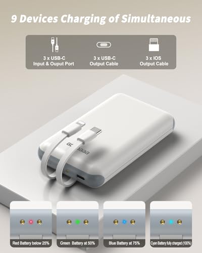 Image of GOODaaa Portable Charger, 3-Pack 10000mAh Slim Power Bank Built in Cables, 3 Outputs 1 Inputs Family Power Hub for All Mobile Devices, Charging Station Set Includes 140 DlY Stickers, for Home,Office