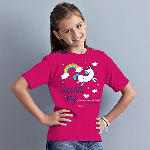 Image of Kerusso Dream Big with God All Things are Possible Unicorn Rainbow Pink Cotton Kids' Crew Neck T-Shirt