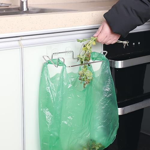 Image of Stainless Steel Trash Bag Holder for Kitchen Cabinets Doors and Cupboards, Under Sink Bag Hanger, Portable Trash can, Waste Bins, Wall Adhesive Hanging Garbage Bins, with Wall Sticker Base