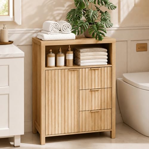 VINGLI Bathroom Storage Cabinet with 3 Drawers & Door, Slim Freestanding Floor Cabinet Organizer for...