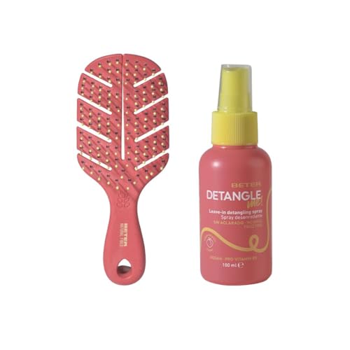 Immagine prodotto: Beter - Pack Spazzola Natural Fiber MINI+Spray Districante Senza Risciacquo 100ml, Aroma Pesca, districa, idrata, nutre e ripara, Per Tutti i Tipi di Capelli, Perfetto per viaggiare, Edizione Limitata