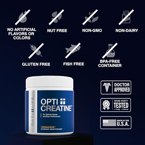 Image of Opti + Creatine Monohydrate Capsules | Doctor Formulated | Support Muscle Recovery, Strength & Performance* | Daily Creatine Supplement | Made in USA | 180 Capsules /60 Servings