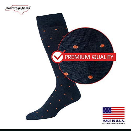 Boardroomsocks Men's Over The Calf Merino Wool Dark Navy With Orange Dots Patterned Dress Socks #TOP2