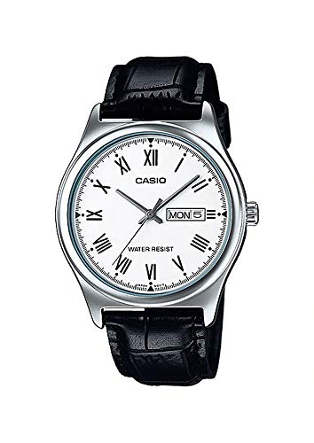 Casio MTP-V006L-7B Men's Leather Band White Roman Dial Day Date 3-Hand Analog Watch
