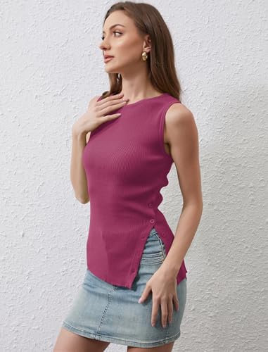 Image of Women Asymmetrical Button Sweater Vest Sleeveless Side Split Rib Knit Slim Fit Sweater Tank Top Summer Pullover Top