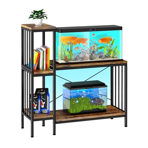 20-29 Gallon Fish Tank Stand: Aquarium Stand with Shelves for Fish Tank Accessories Storage & Potted Plant Stand 2 Tier Wood Heavy Duty Metal Frame Turtle | Reptile Terrarium Stand Rustic