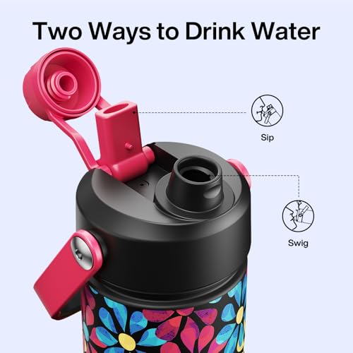 Image of ENCOOL Insulated Water Bottle with Straw Stainless Steel Water Bottle, Leak-Proof, BPA-Free, Double Wall Vacuum Keeps Cold for 24 Hours for Sports, Travel, School (26 oz, Vivid Flora)