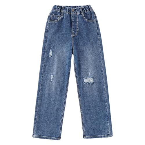 Girls Ripped Jeans Baggy Elastic Waist Denim Pants Wide Leg Straight Distressed Jeans with Pockets (Blue, 10-11 Years)