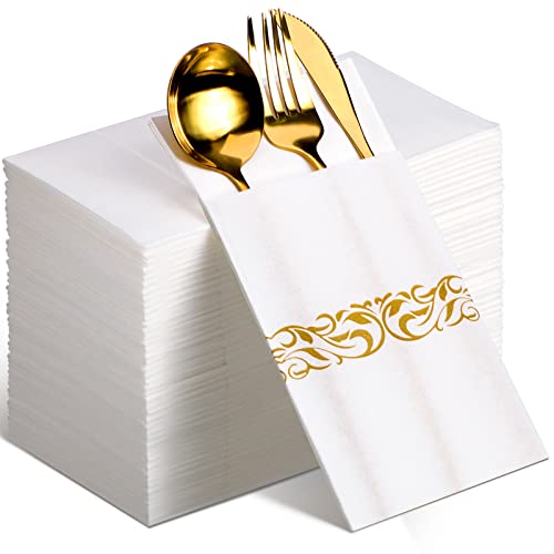 WILLBOND 120 Pcs Disposable Linen Feel Dinner Napkins with Built-in Flatware Pocket Disposable Cloth Like Napkins Absorbent Paper Napkins for Parties Weddings Dinners or Events(White, Gold,Elegant)