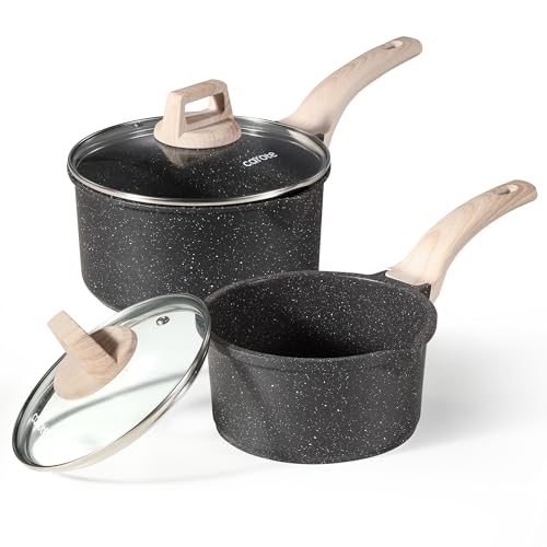 CAROTE 1.5Qt & 3.0Qt Sauce Pan Set with Lid Nonstick Saucepan 4 Pcs Non Stick Sauce Pots Cooking Pot with Pour Spout, Easy to Clean, Small Kitchen Pots Induction Pot, PFOA FREE (Class Granite)
