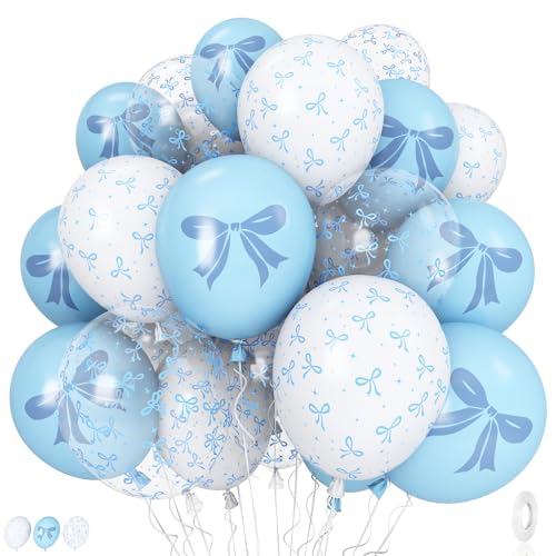 Image of Blue and White Balloons Set, 12 Inch Light Baby Blue White Clear Bow Latex Balloon for Wedding Bridal Engagement Bachelorette Baby Boy Shower Winter Princess Birthday Theme Party Decorations Supplies