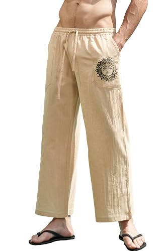 Miaikvs Men's Print Cotton Linen Casual Pants with Elastic Waistband - Soft, Breathable, and Loose-Fit Summer Pants