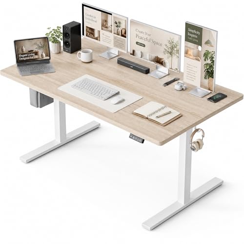 Image of Grandder 47x32 Large Electric Standing Desk, Height Adjustable Computer Desk with 2 Memory Presets, 31.5 inch Deep Desktop Sit Stand Desk Home Office Desk Workstation Table with Hooks, Light Walnut