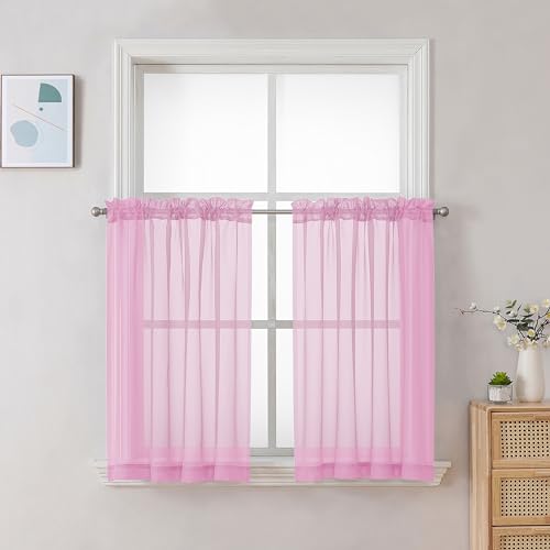 Image of Chyhomenyc Pink Sheer Curtains 30 inch Length 2 Panels, Light Filtering Voile Rod Pocket Short Window Curtians for Bathroom Living Room Farmhouse Small Windows, 42Wx30L inches