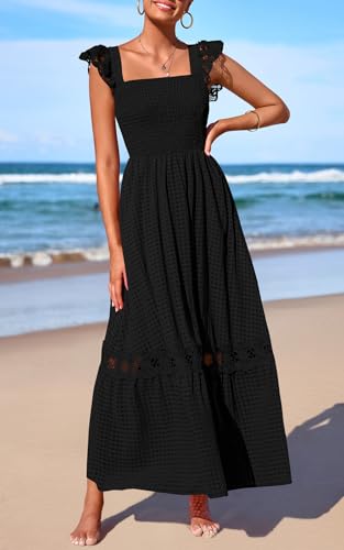 Image of PRETTYGARDEN Women's Smocked Summer Maxi Dresses 2026 Ruffle Cap Sleeve Square Neck Lace Detail Flowy Sundress with Pockets