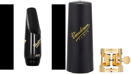Vandoren Boquilla de saxofón alto de perfil SM913 ligadura AP3 y LC57DP MO y tapa de plástico para saxofón alto acabado dorado