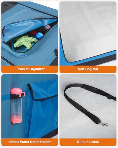 Ownpets 122 cm XXL Klappbarer Hundekäfig für Große Hunde, Tragbarer Reisehundekäfig, 4-Türiger Faltenbarer Haustierkäfig mit Robusten Netzfenstern und Weicher Matte, Blau