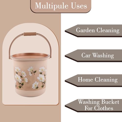 Image of Heart Home 4 Pcs Plastic 18 Ltr Bucket for Bathroom | Sturdy and Easy Grip Handle | Big Bucket for Bathing & Household Chores | Floral Print - Brown