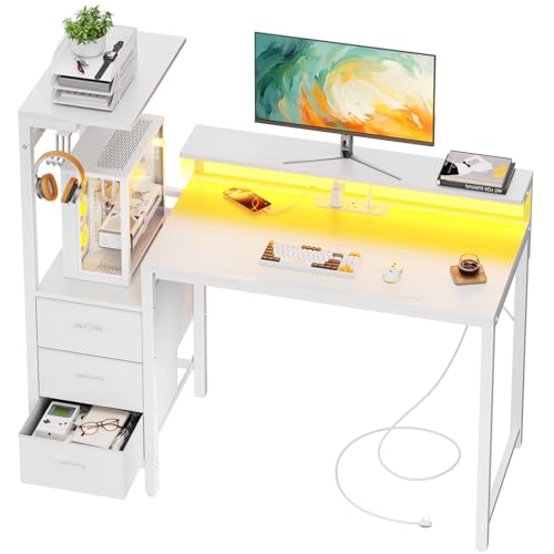DLONGONE Gaming Desk with Drawers 112x50 cm Computer Desk with LED & Power Outlets Reversible Office Desk with Display Shelves & Monitor Stand Study PC Table with Side Hooks for Home Office White