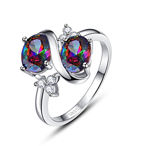 925 Sterling Silver Rings for Women, Swirl Double Stone Engagement Ring, Simulated Mystic Rainbow Topaz Wedding Promise Ring for Her