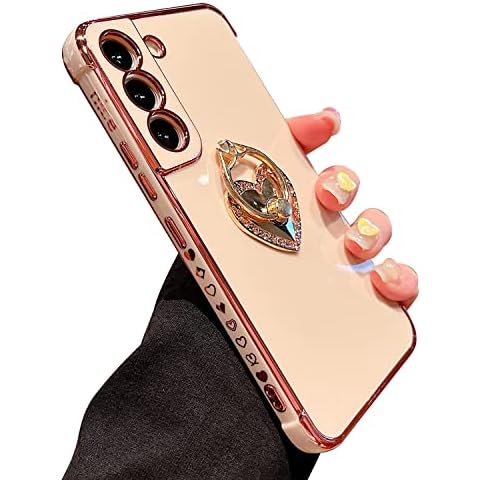Laurraine For Samsung S22 Case With Diamond Ring Holder, Luxury Glitter Diamond Soft TPU Case [Love Ring Holder Design], Shockproof Protective Case for Girls - Pink Cover