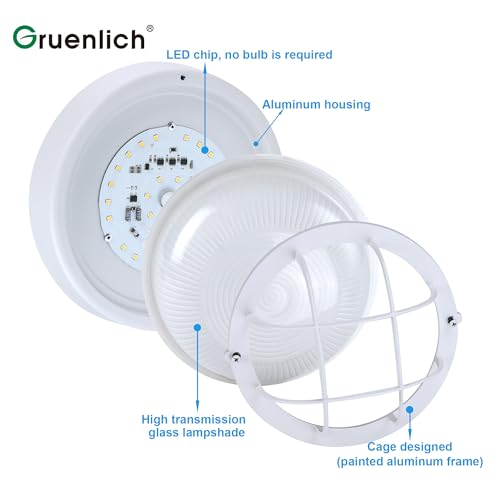 Image of GRUENLICH Outdoor Bulkhead Light, LED Round Wall Sconce, Rustproof, White | 8 inch Dimmable Wall Light for Porch, Garage, Walkway, Nautical, 15W 1500 Lumen, Aluminum, Glass, Waterproof, 3000K, 1 Pack