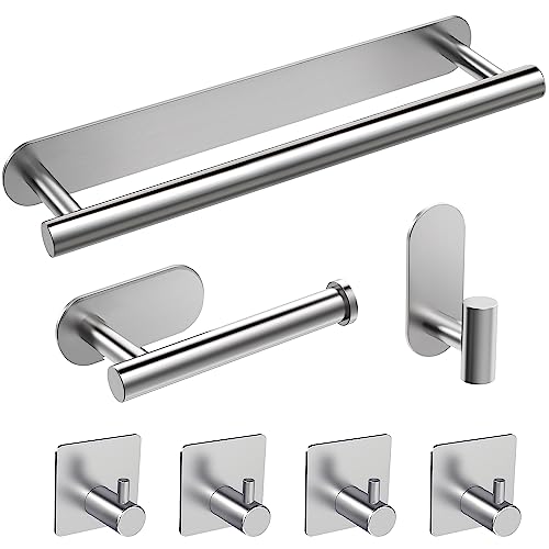 AIKER Toalleros de Baño Sin Taladro, 7PCS, portarrollos Papel higienico Suite,Acero Inoxidable 304 Engrosado Toalleros con 5 Ganchos Accesorios Baño