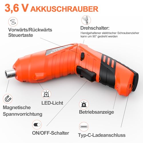 Akkuschrauber Klein - 3,6V Mini Elektrischer Schraubendreher mit Akku, 90° klappbar Electric Screwdriver Set mit 47tlg Zubehör, 2-Drehrichtung, LED Licht, Koffer, USB-Ladekabel – Bild 4