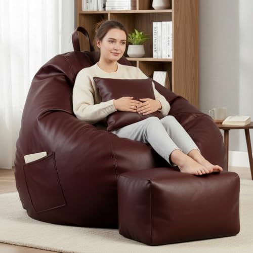 Image of KAM'S LIEU 5XL Luxury Faux Leather Bean Bag with Footrest & Cushion | Pre-Filled High-Density Polystyrene Beans | Premium Leatherette | 6 Months Warranty Color- (Maroon, with Footrest)